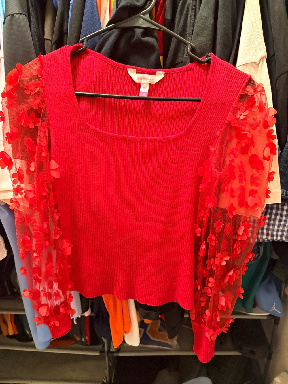 No Boundaries Red Ribbed Top with 3D Floral Mesh Sleeves